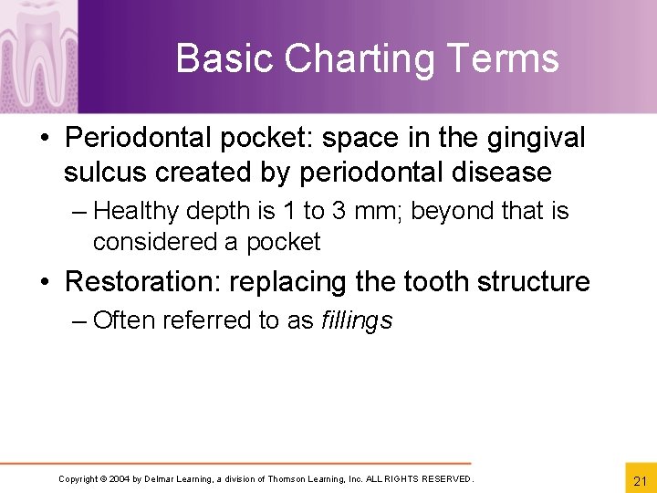 Basic Charting Terms • Periodontal pocket: space in the gingival sulcus created by periodontal