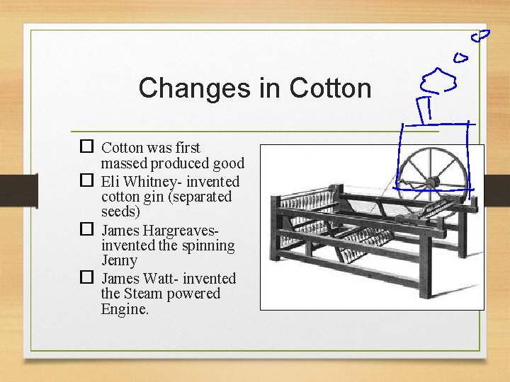 Changes in Cotton was first massed produced good Eli Whitney- invented cotton gin (separated