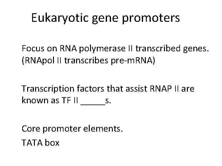 Eukaryotic gene promoters Focus on RNA polymerase II transcribed genes. (RNApol II transcribes pre-m.