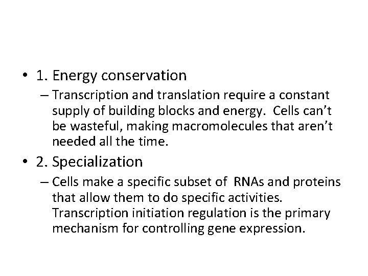  • 1. Energy conservation – Transcription and translation require a constant supply of