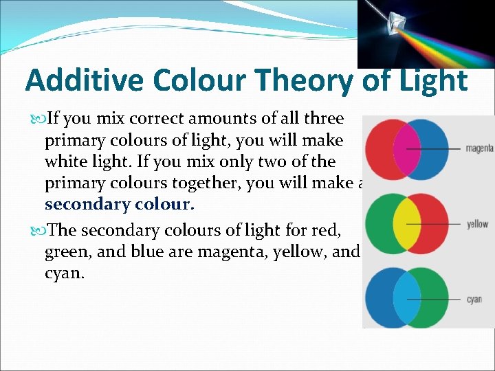 Additive Colour Theory of Light If you mix correct amounts of all three primary