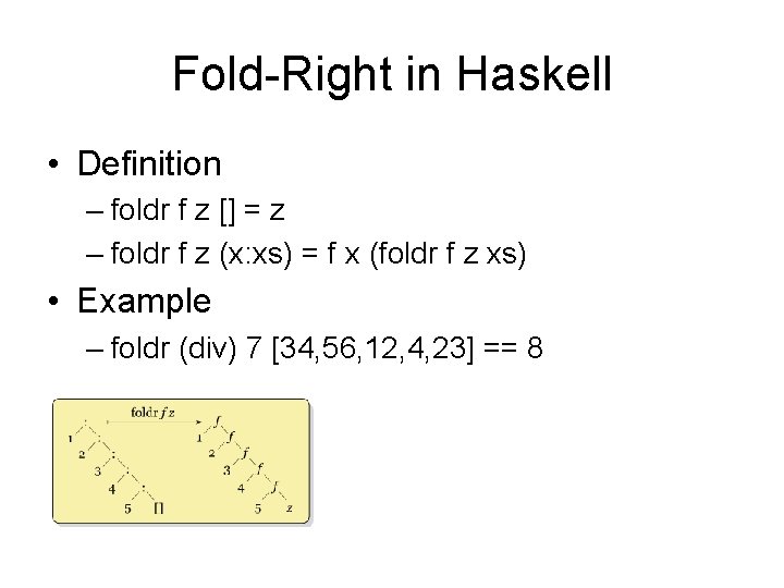 Fold-Right in Haskell • Definition – foldr f z [] = z – foldr