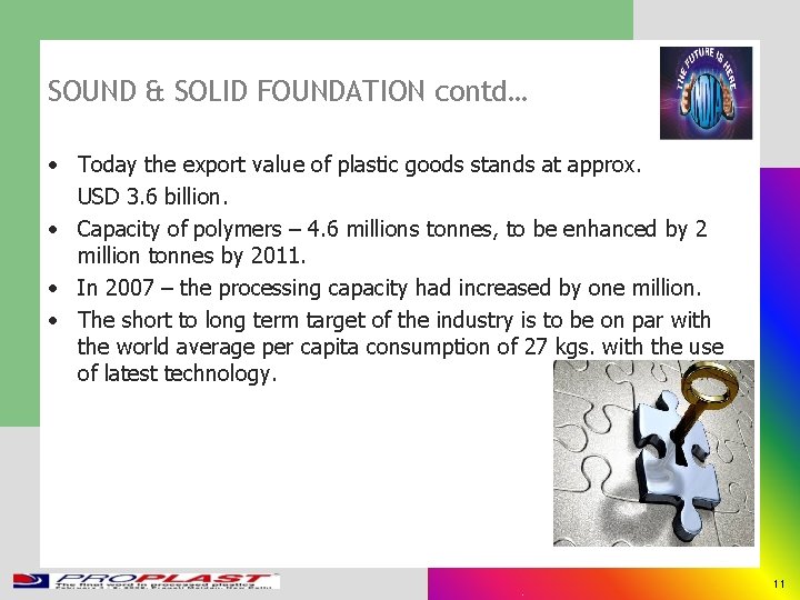 SOUND & SOLID FOUNDATION contd… • Today the export value of plastic goods stands