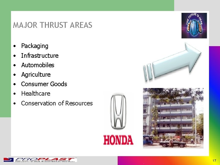 MAJOR THRUST AREAS • Packaging • Infrastructure • Automobiles • Agriculture • Consumer Goods