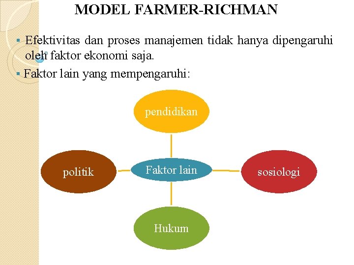 MODEL FARMER-RICHMAN Efektivitas dan proses manajemen tidak hanya dipengaruhi oleh faktor ekonomi saja. §
