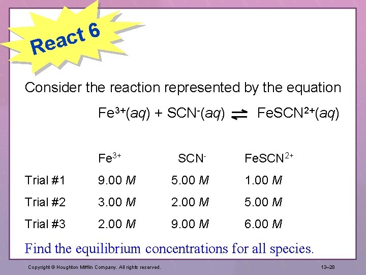 6 t eac R Consider the reaction represented by the equation Fe 3+(aq) +