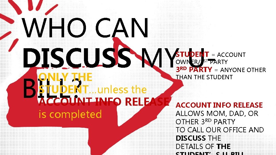 WHO CAN DISCUSS MY UONLY THE STUDENT…unless the BILL? ACCOUNT INFO RELEASE STUDENT =