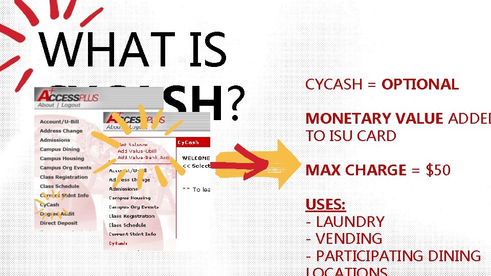WHAT IS CYCASH? CYCASH = OPTIONAL MONETARY VALUE ADDED TO ISU CARD MAX CHARGE