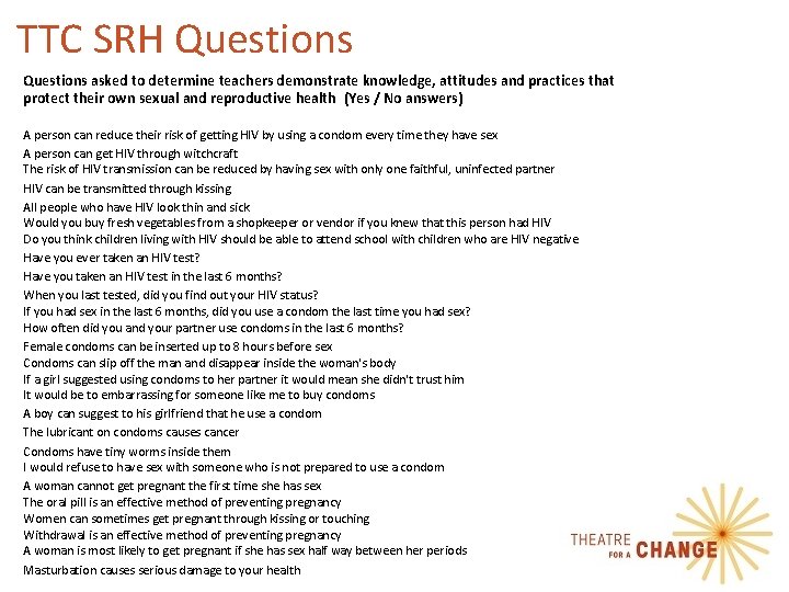 TTC SRH Questions asked to determine teachers demonstrate knowledge, attitudes and practices that protect