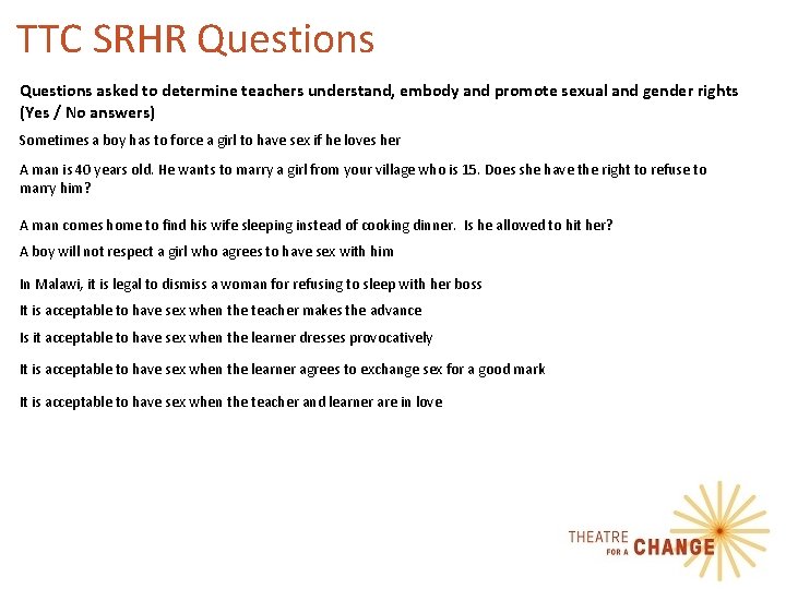 TTC SRHR Questions asked to determine teachers understand, embody and promote sexual and gender