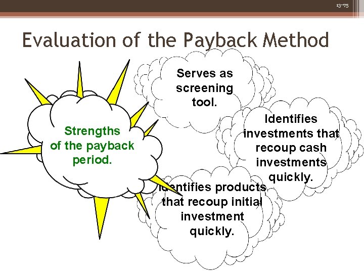 13 -75 Evaluation of the Payback Method Serves as screening tool. Strengths of the