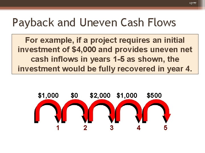 13 -77 Payback and Uneven Cash Flows For example, if a project requires an