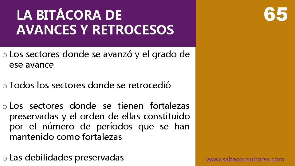 LA BITÁCORA DE AVANCES Y RETROCESOS 65 o Los sectores donde se avanzó y