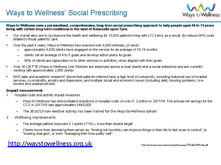 Ways to Wellness’ Social Prescribing Ways to Wellness uses a personalised, comprehensive, long-term social