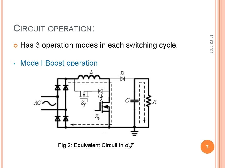 CIRCUIT OPERATION: Has 3 operation modes in each switching cycle. • Mode I: Boost