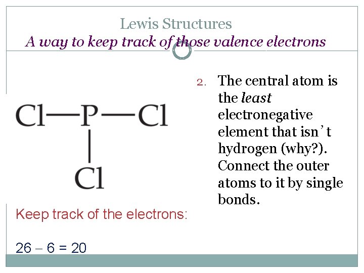 Lewis Structures A way to keep track of those valence electrons 2. The central