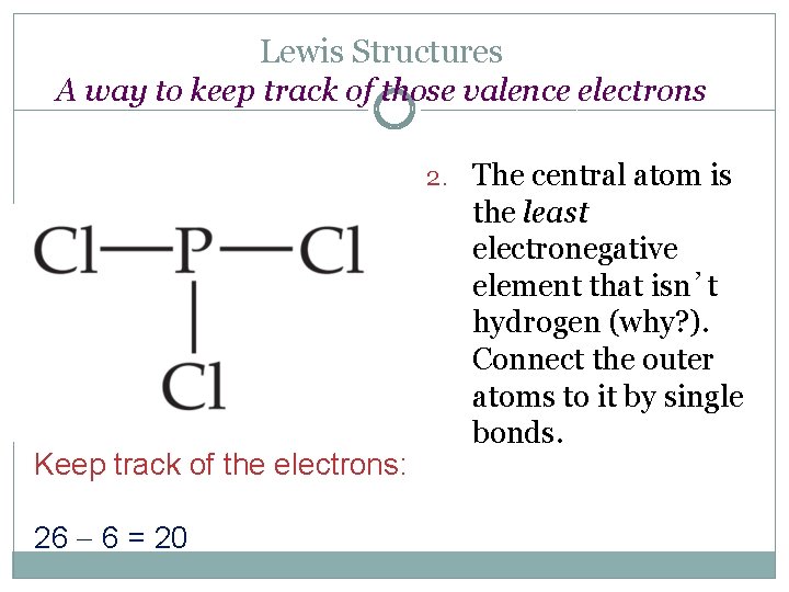 Lewis Structures A way to keep track of those valence electrons 2. The central
