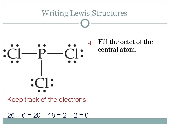 Writing Lewis Structures 4. Fill the octet of the central atom. Keep track of