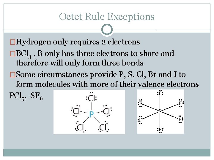 Octet Rule Exceptions �Hydrogen only requires 2 electrons �BCl 3 , B only has