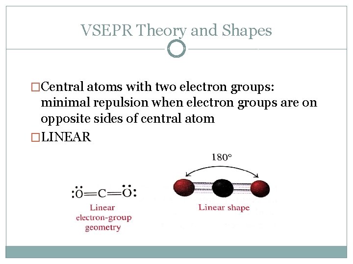 VSEPR Theory and Shapes �Central atoms with two electron groups: minimal repulsion when electron