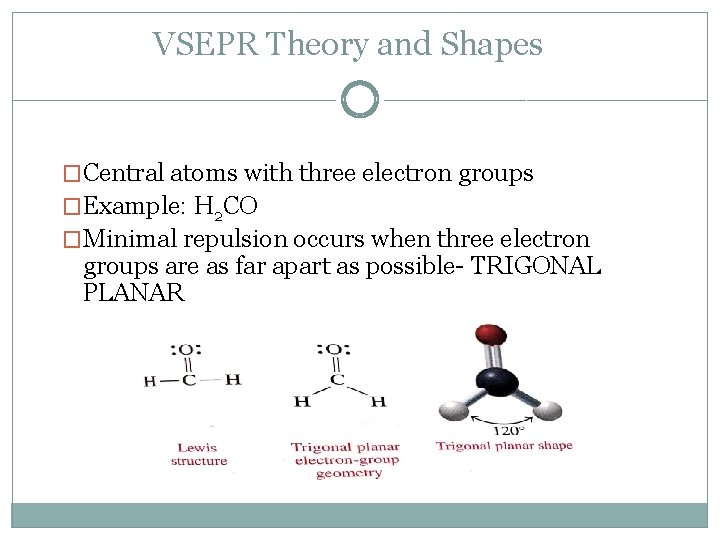 VSEPR Theory and Shapes �Central atoms with three electron groups �Example: H 2 CO