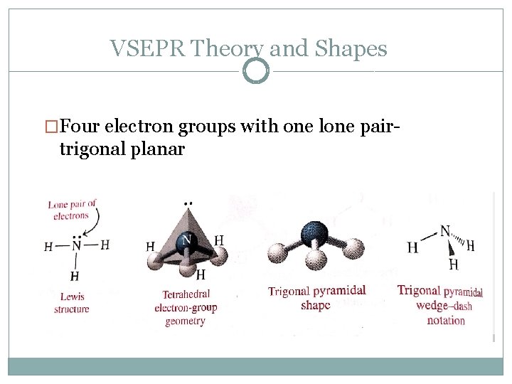 VSEPR Theory and Shapes �Four electron groups with one lone pair- trigonal planar 