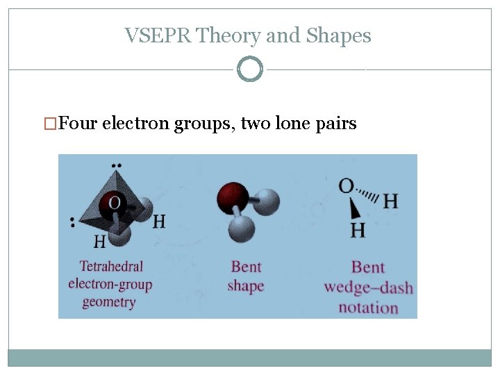 VSEPR Theory and Shapes �Four electron groups, two lone pairs 