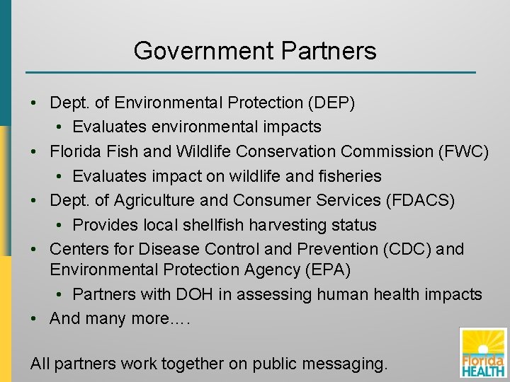 Government Partners • Dept. of Environmental Protection (DEP) • Evaluates environmental impacts • Florida