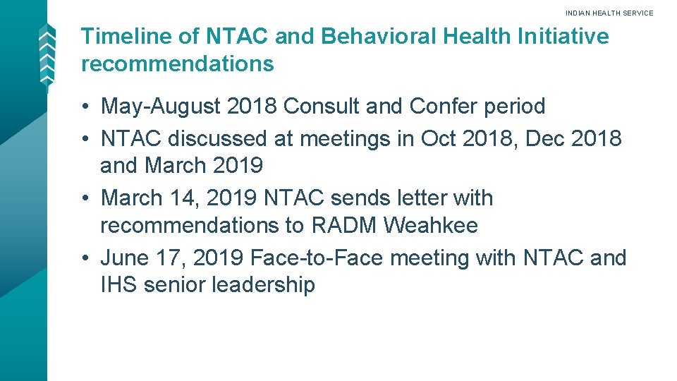 INDIAN HEALTH SERVICE Timeline of NTAC and Behavioral Health Initiative recommendations • May-August 2018