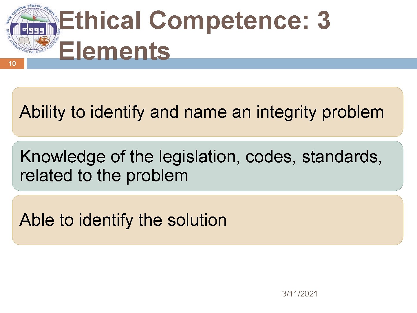 10 Ethical Competence: 3 Elements Ability to identify and name an integrity problem Knowledge