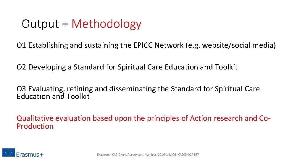 Output + Methodology O 1 Establishing and sustaining the EPICC Network (e. g. website/social