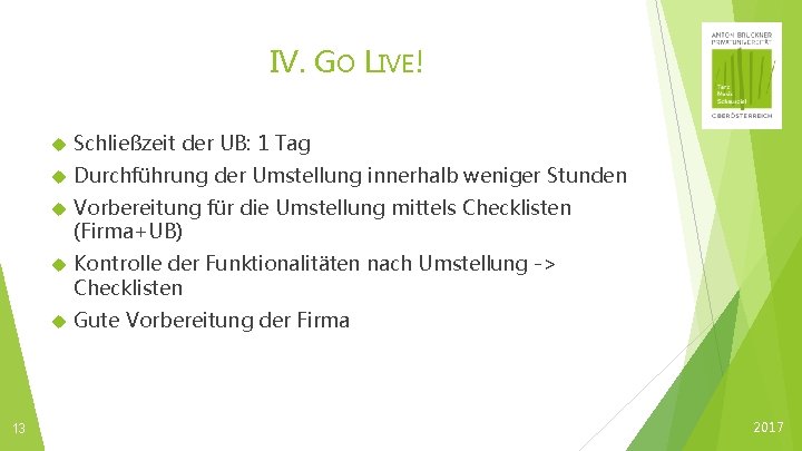 IV. GO LIVE! 13 Schließzeit der UB: 1 Tag Durchführung der Umstellung innerhalb weniger