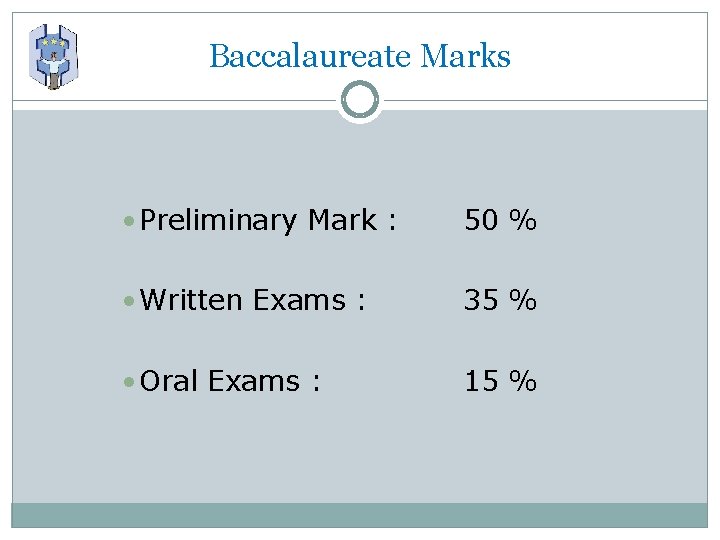 Baccalaureate Marks • Preliminary Mark : 50 % • Written Exams : 35 %