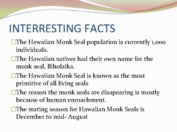 INTERRESTING FACTS �The Hawaiian Monk Seal population is currently 1, 000 individuals. �The Hawaiian