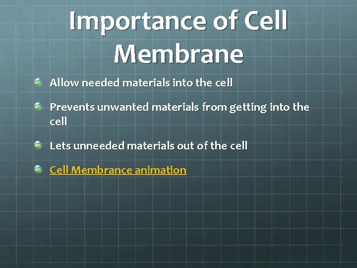 Importance of Cell Membrane Allow needed materials into the cell Prevents unwanted materials from