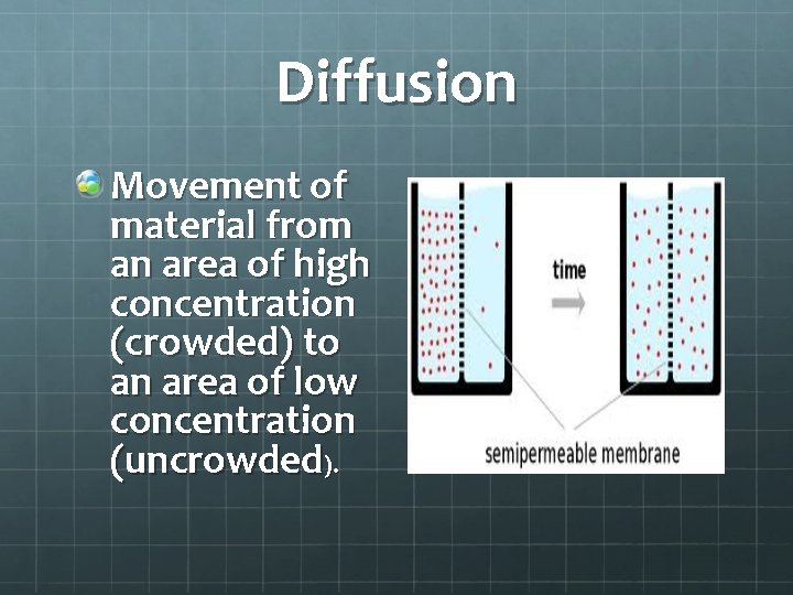 Diffusion Movement of material from an area of high concentration (crowded) to an area