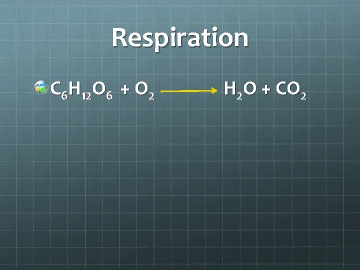 Respiration C 6 H 12 O 6 + O 2 H 2 O +