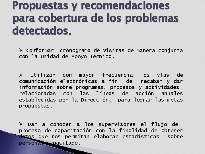 Propuestas y recomendaciones para cobertura de los problemas detectados. Ø Conformar cronograma de visitas Propuestas y recomendaciones para cobertura de los problemas detectados. Ø Conformar cronograma de visitas