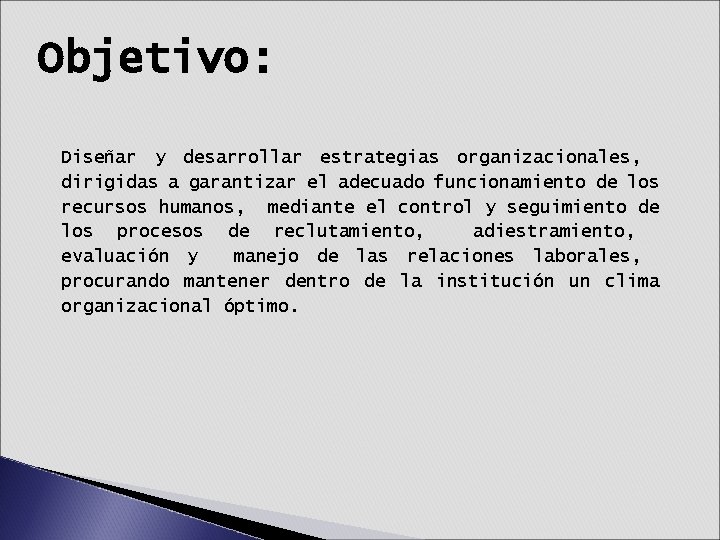 Objetivo: Diseñar y desarrollar estrategias organizacionales, dirigidas a garantizar el adecuado funcionamiento de los Objetivo: Diseñar y desarrollar estrategias organizacionales, dirigidas a garantizar el adecuado funcionamiento de los