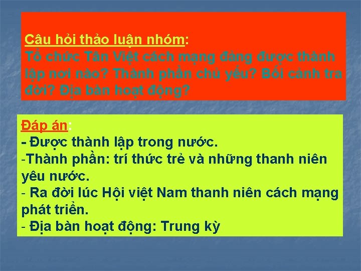 Câu hỏi thảo luận nhóm: Tổ chức Tân Việt cách mạng đảng được thành