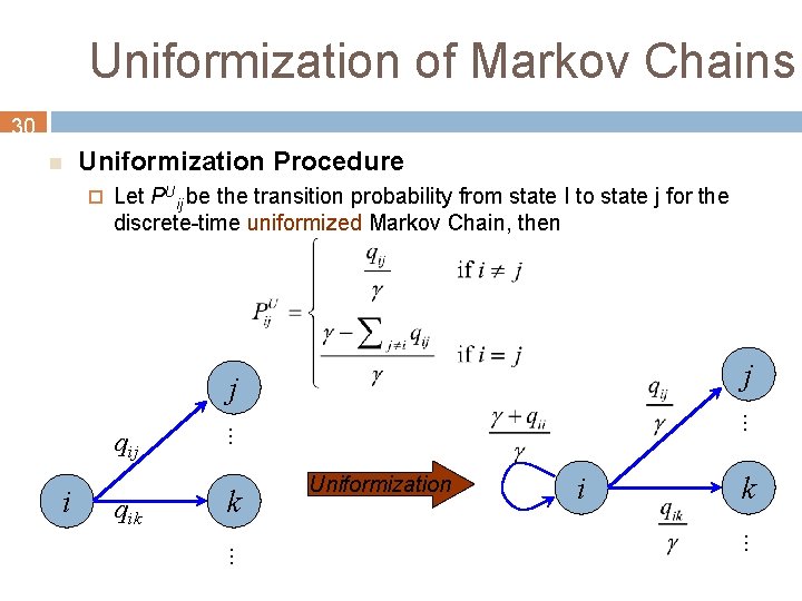 Uniformization of Markov Chains 30 n Uniformization Procedure Let PUij be the transition probability