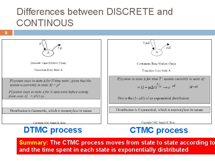 Differences between DISCRETE and CONTINOUS 8 DTMC process CTMC process Summary: The CTMC process