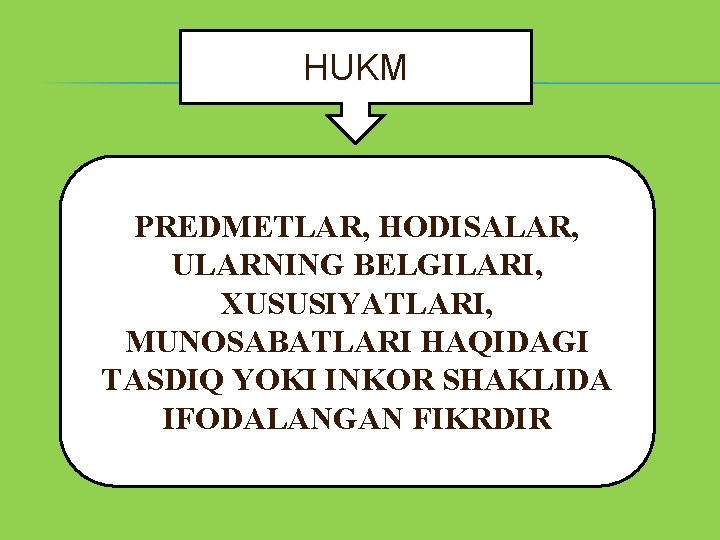 HUKM PREDMETLAR, HODISALAR, ULARNING BELGILARI, XUSUSIYATLARI, MUNOSABATLARI HAQIDAGI TASDIQ YOKI INKOR SHAKLIDA IFODALANGAN FIKRDIR