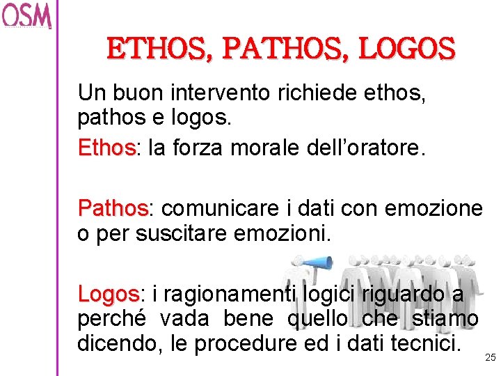 ETHOS, PATHOS, LOGOS Un buon intervento richiede ethos, pathos e logos. Ethos: Ethos la