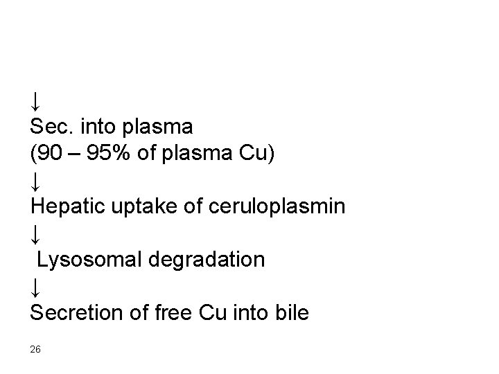 ↓ Sec. into plasma (90 – 95% of plasma Cu) ↓ Hepatic uptake of