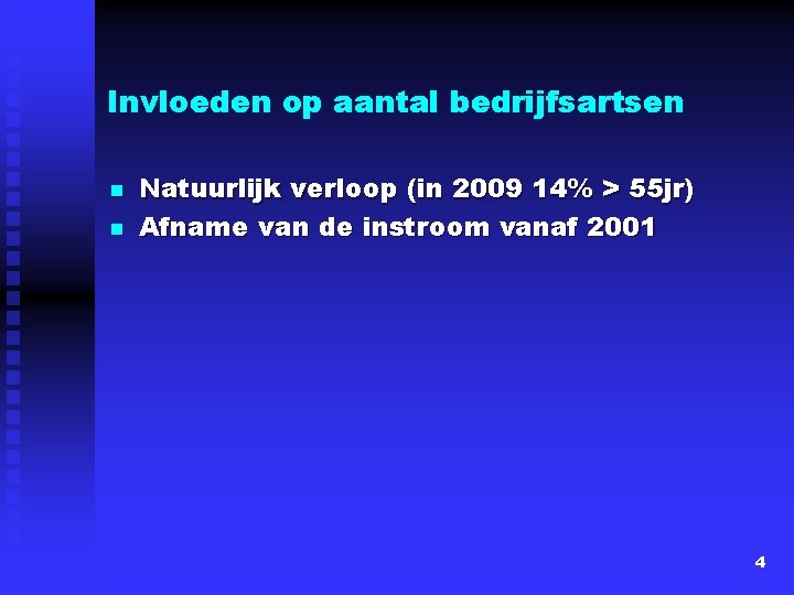 Invloeden op aantal bedrijfsartsen n n Natuurlijk verloop (in 2009 14% > 55 jr)