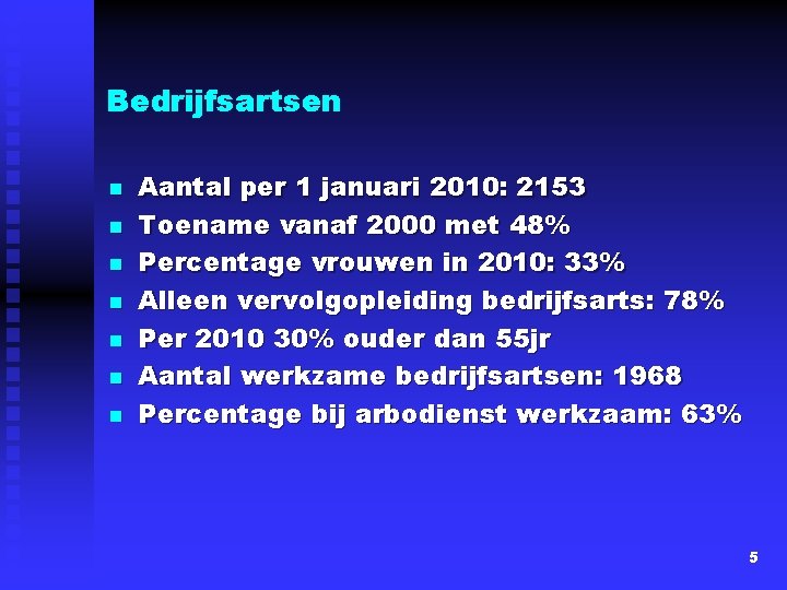 Bedrijfsartsen n n n Aantal per 1 januari 2010: 2153 Toename vanaf 2000 met