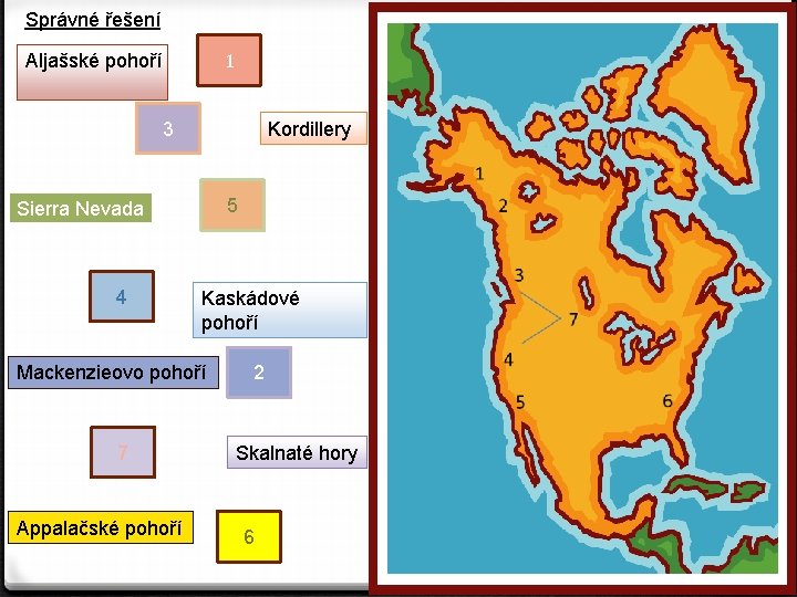 Správné řešení 1 Aljašské pohoří Kordillery 3 5 Sierra Nevada 4 Kaskádové pohoří Mackenzieovo