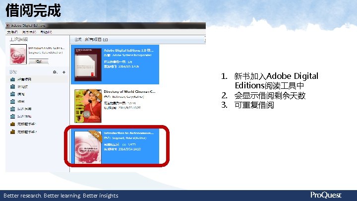 借阅完成 1. 新书加入Adobe Digital Editions阅读 具中 2. 会显示借阅剩余天数 3. 可重复借阅 Better research. Better learning.