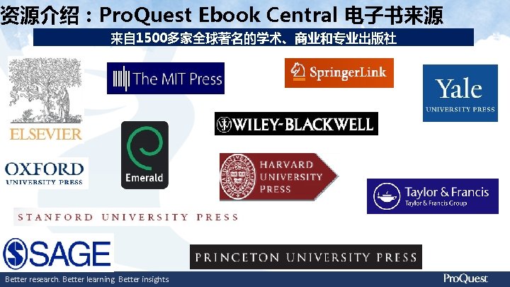 资源介绍：Pro. Quest Ebook Central 电子书来源 来自 1500多家全球著名的学术、商业和专业出版社 Better research. Better learning. Better insights. 